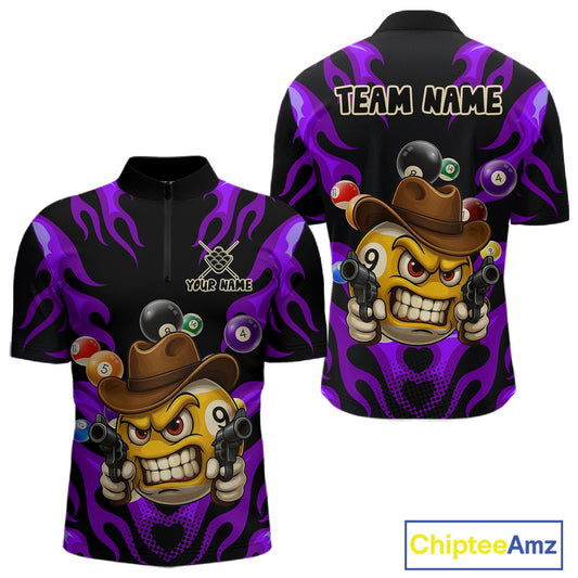 Personalized Purple Funny Flame 9 Ball Billiard Shirt For Men, Pool Team Jersey Polo & 1/4 Zip TDM4988