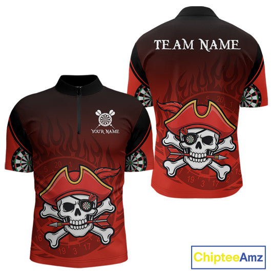 Red Black Funny Pirate Flame Skull Darts Shirt For Men Custom Dart Jerseys Team Polo & 1/4 Zip TDM5177