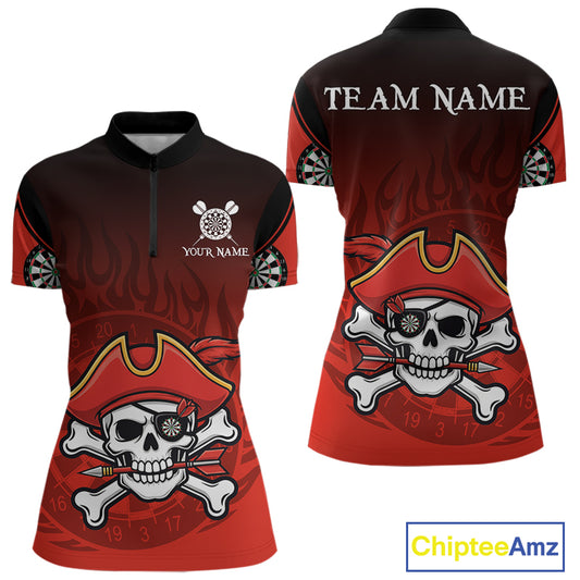 Red Black Funny Pirate Flame Skull Darts Shirt For Women Custom Dart Jerseys Team Polo & 1/4 Zip TDM5177