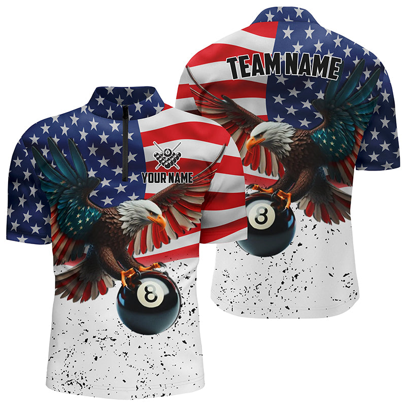 Billiard 8 Ball Eagle US Flag Personalized Men Quarter-Zip Shirt, 3D Eagle Billiard Shirts TDM1095
