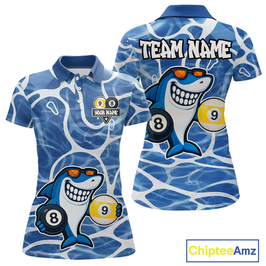 Blue Funny Shark 8 Ball & 9 Ball Billiard Shirt For Women Custom Pool Team Jersey Polo & 1/4 Zip TDM6056