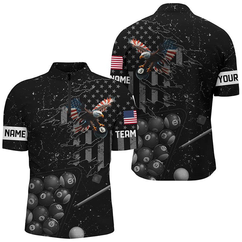 Customized Eagle Retro US Flag Black Billiard Shirts For Men, Best Patriotic Pool Player Shirts TDM2197