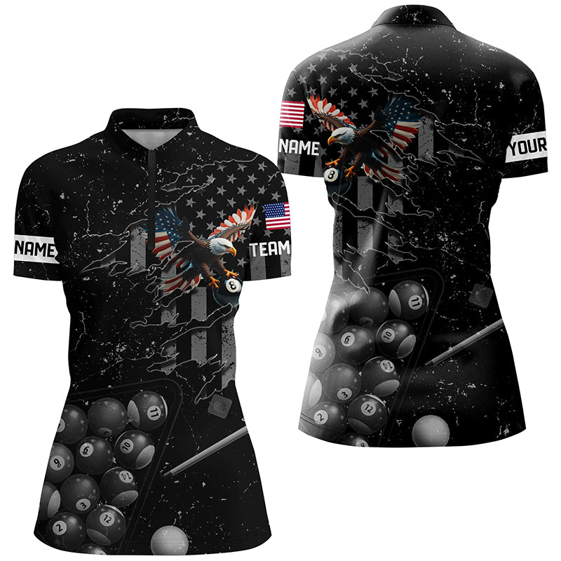 Customized Eagle Retro US Flag Black Billiard Shirts For Women, Best Patriotic Pool Player Shirts TDM2197