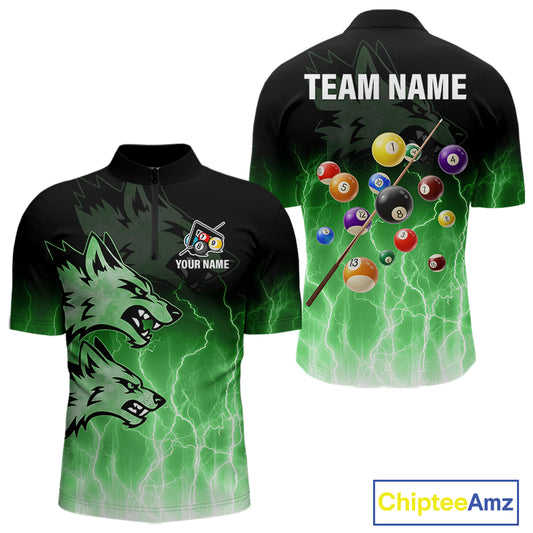 Custom Billiard Shirt For Men, Green Thunder Lightning Wolf Pool Balls Team Jersey Polo & 1/4 Zip TDM4560