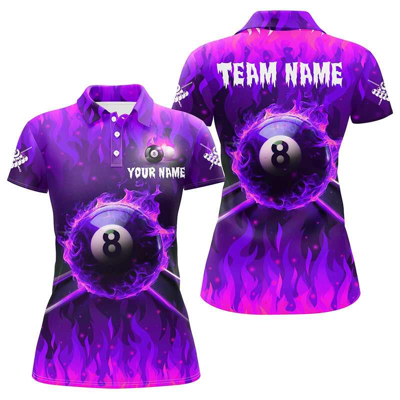 Personalized 3D 8 Ball Pool & Fire Women Polo Shirts Custom Billiard Apparel Jerseys |Purple TDM1436