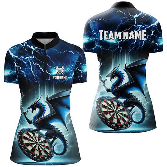 Lightning Thunder Dragon Custom Blue Darts Polo & 1/4 Zip Shirts For Women, Darts Team League Jerseys TDM2476