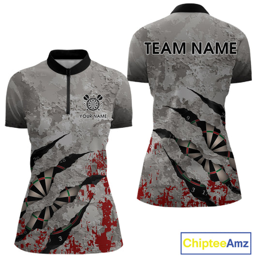 Custom Red And Grey Grunge Darts Shirt For Women, Personalized Darts Jersey Team Polo & 1/4 Zip TDM4995