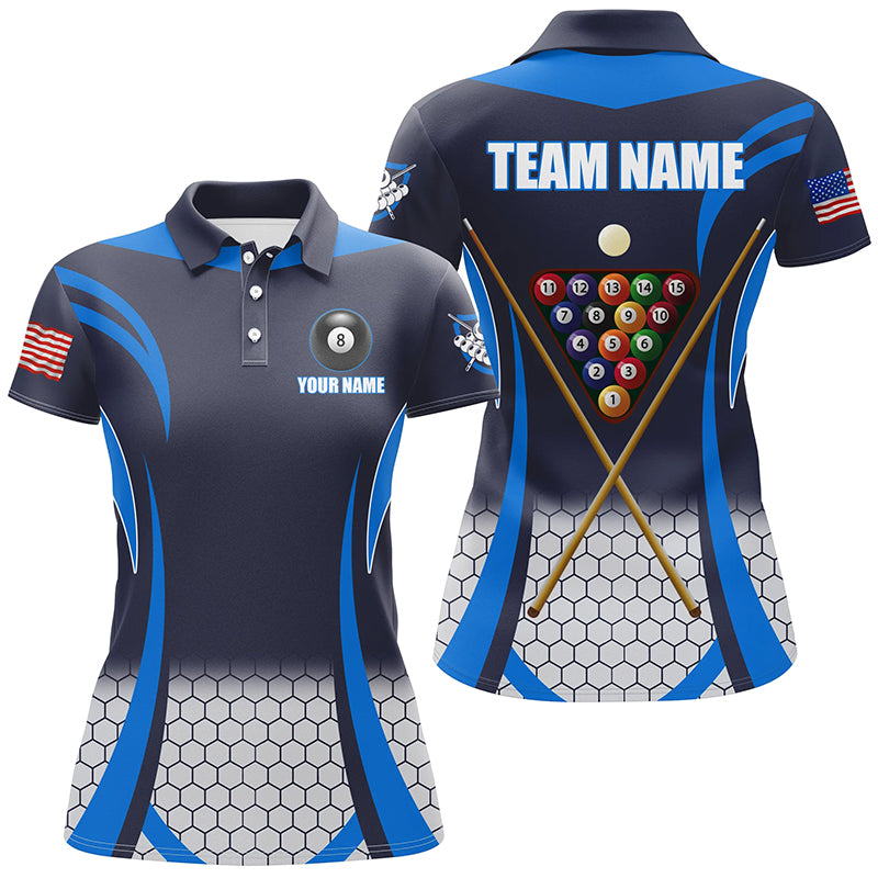 Personalized Blue 8 Bal Pool Billiard Jerseys Women Polo Shirts, Best Team League Billiard Shirts TDM1106