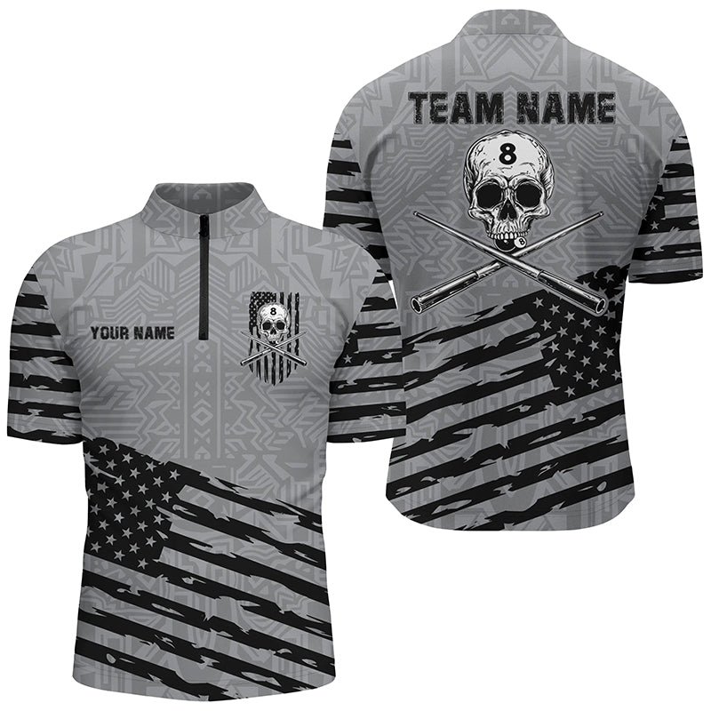 Personalized Grey US Flag Skull Billiard Shirts For Men Custom Patriotic Billiard Pool Jerseys TDM2220