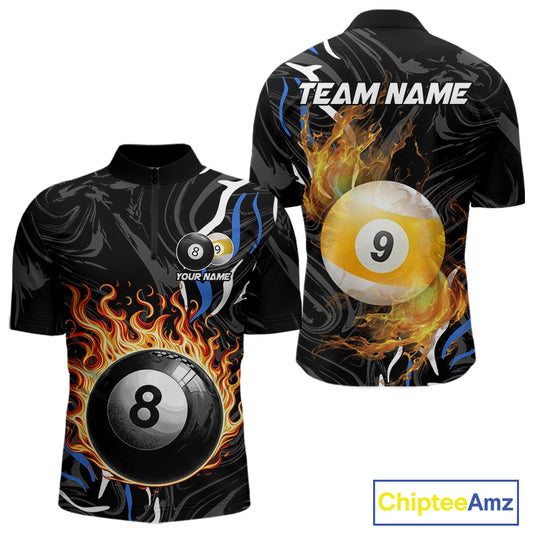 Personalized 8 Ball & 9 Ball Fire Flame Men Billiard Shirt, Billiard Jersey For Team Pooler |Blue TDM5209