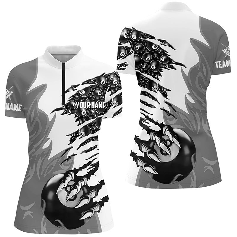 Personalized Claw 8 Ball Pool Grey 3D Billiard Women Quarter-Zip Shirts, Billiard Apparel TDM0575