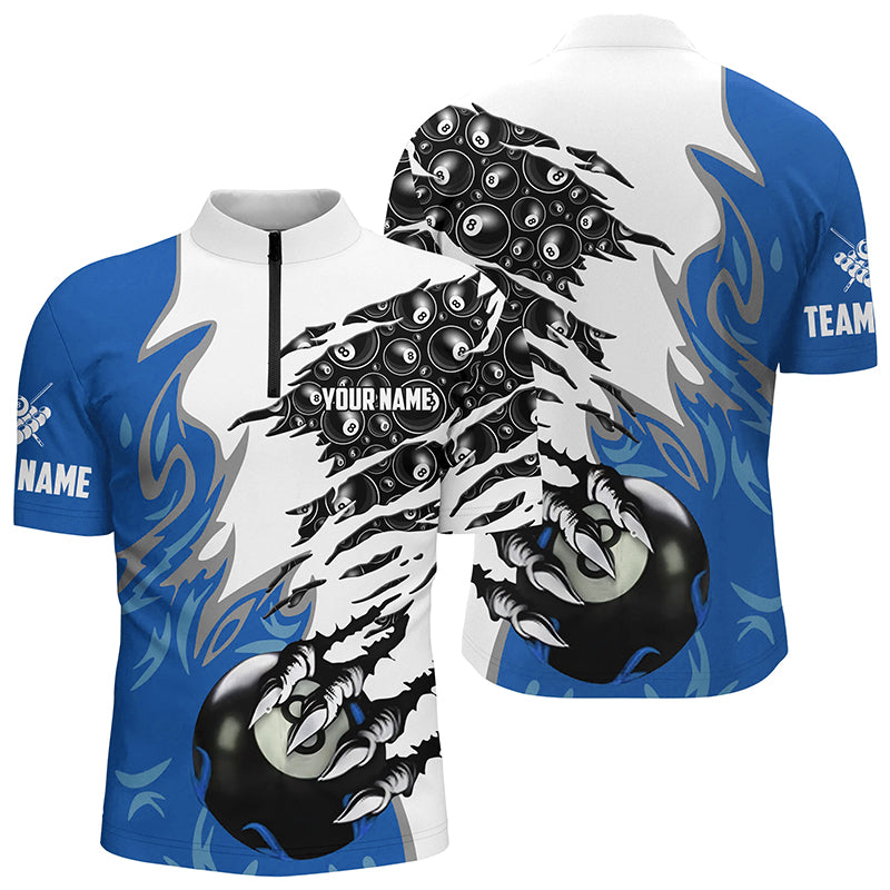 Personalized Claw 8 Ball Pool Blue 3D Billiard Men Quarter-Zip Shirts, Billiard Apparel TDM0577
