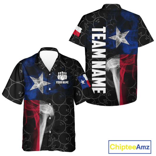 Personalized Texas Flag Smoke Hawaiian Bowling Shirt For Women, Patriotic Bowling Team Jersey TDM6088