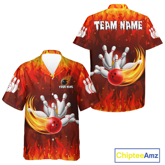 Personalized Flame Red Hawaiian Bowling Shirt For Women Custom Fire Bowling Team Jersey TDM6089