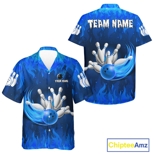 Personalized Flame Blue Hawaiian Bowling Shirt For Women Custom Fire Bowling Team Jersey TDM6090