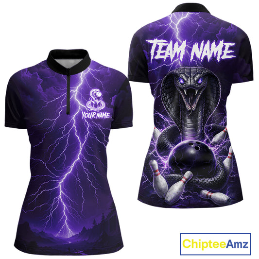 Custom Purple Lightning Cobra Snake Bowling Shirt For Women, Bowling Team Jersey Polo & 1/4 Zip TDM6351