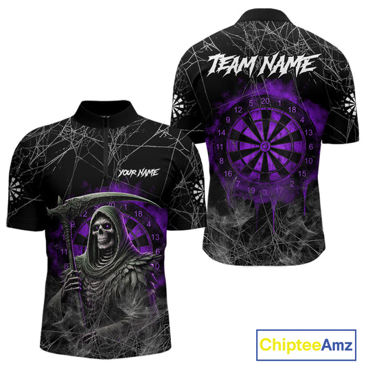Black And Purple Smoke Grim Reaper Funny Dart Shirts For Men Custom Dart Jerseys, Darts Clothing TDM4006