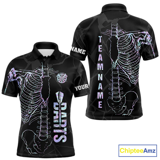 Personalized holographic funny skeleton darts team jersey polo shirt for men featuring vibrant holographic skeleton artwork, premium custom darts league apparel and unique darts gifts.