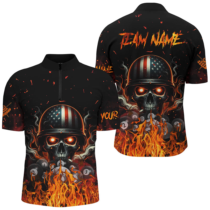 Funny Skull US Flag Billiard Shirts For Men Customized Billiard Balls Fire Sports Pool Jerseys TDM2239