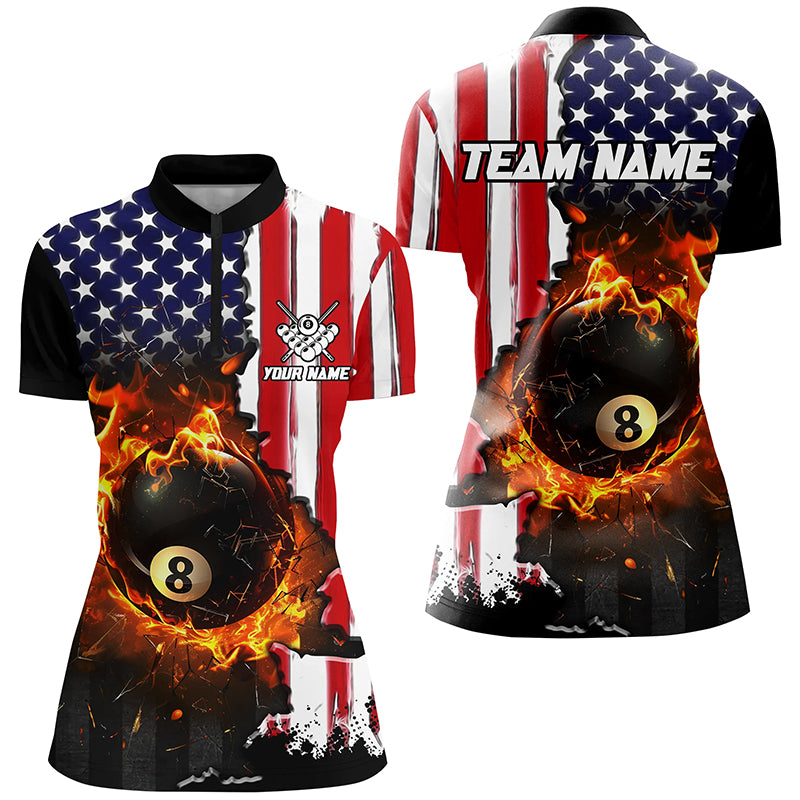 American Flag 8 Ball Pool Fire Break Glass Custom Women Billiard Shirts, Patriotic Billiard Jerseys TDM1829