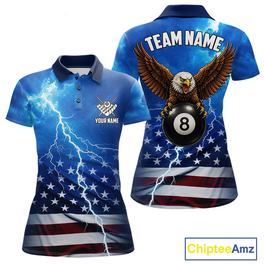 Blue Lightning American Flag Eagle Billiard Shirts For Women Custom 8 Ball Pool Jersey Polo, 1/4 Zip TDM6538
