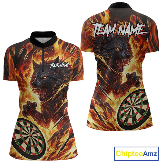 Orange Flaming Wolf Dartboard Jersey For Women Custom Darts League Team Shirt Polo & Quarter Zip TDM5022