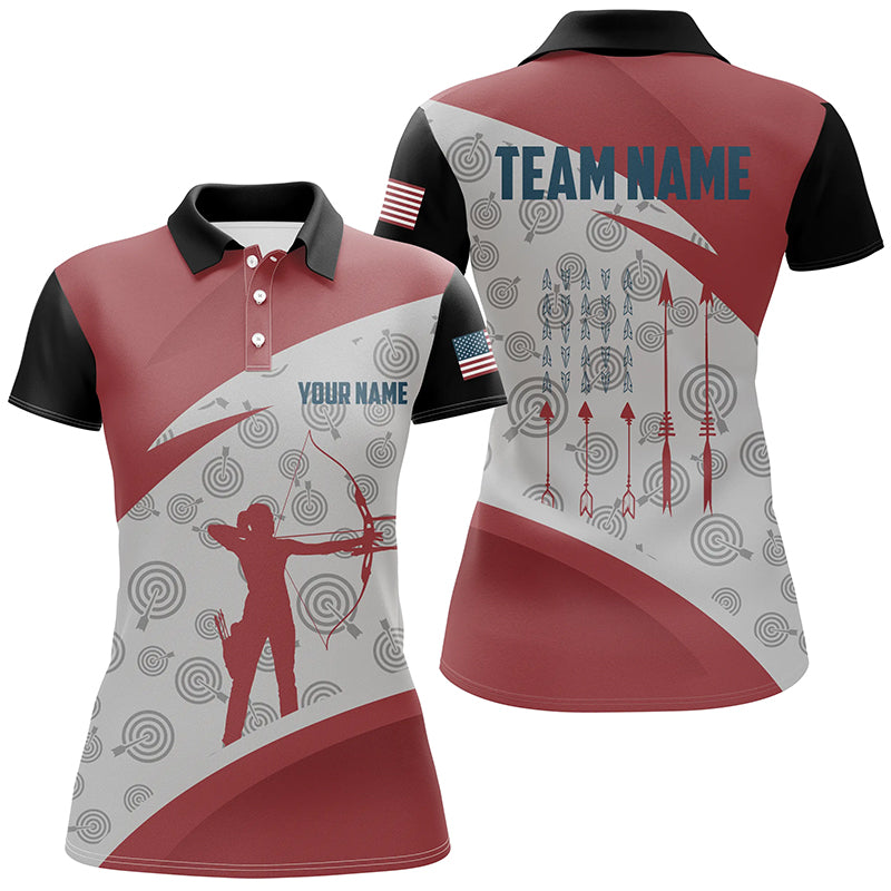 Personalized Archery Jerseys Red Silhouette Polo Shirts For Women, Gifts For Archery Team Lover TDM0605