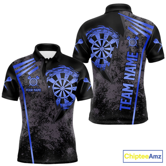 Blue grunge dartboard darts polo shirt for men with custom darts team graphics.