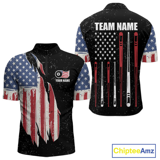 Personalized Grunge American Flag Men's Billiard Shirt Custom 8 Ball Pool Billiard Team Jersey TDM5243