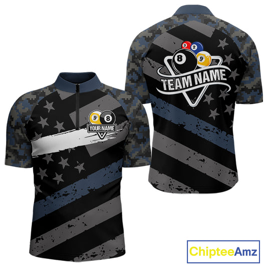 Blue Camo US Flag 8 Ball & 9 Ball Pool Jersey For Men Custom Billiard Team Shirt Polo & 1/4 Zip TDM5035