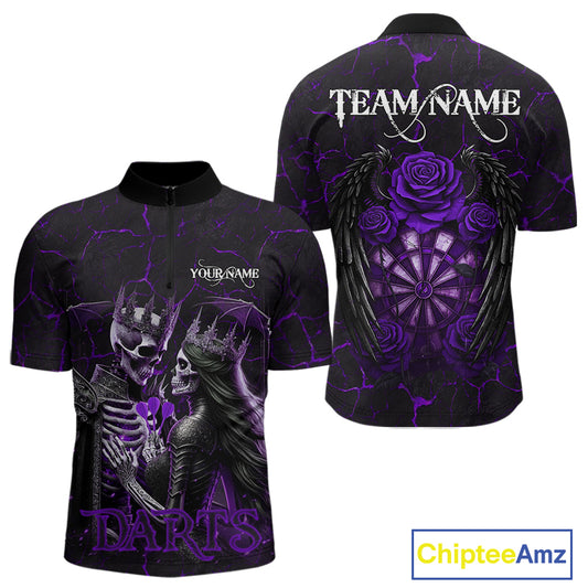 Personalized Skeleton Couple And Roses Gothic Darts Shirt For Men, Darts Jersey Outfit | Purple TDM5040
