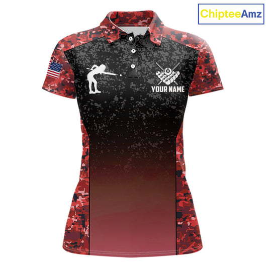 Custom Red Camo US Flag 8 Ball Pool Shirt For Women, Billiard Team Jersey Polo & 1/4 Zip TDM6140