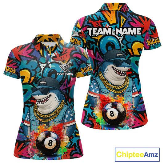 Funny Shark Colorful Graffiti 8 Ball Billiard Shirt For Women Custom Pool Jersey Polo & 1/4 Zip TDM6369