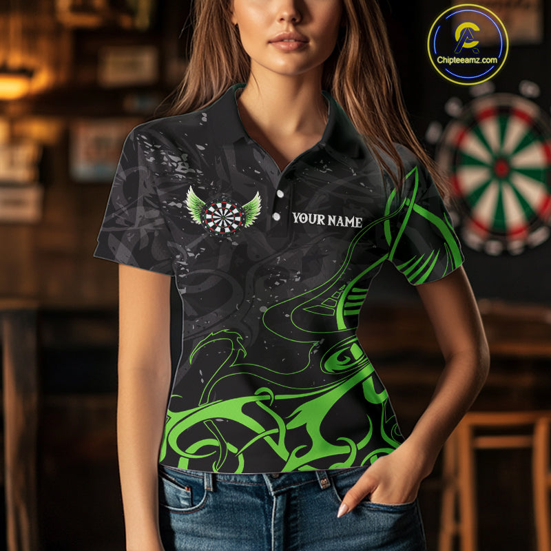 Black Green Custom Wings Darts Shirts For Women, Darts Jersey Pocket Option TDM4041