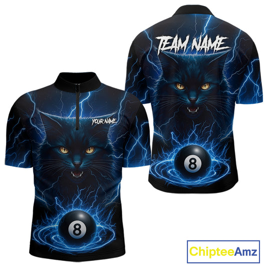 Blue 8 Ball Thunder Lightning Cat Billiard Shirt For Men Custom Pool Team Jersey Polo & 1/4 Zip TDM5065