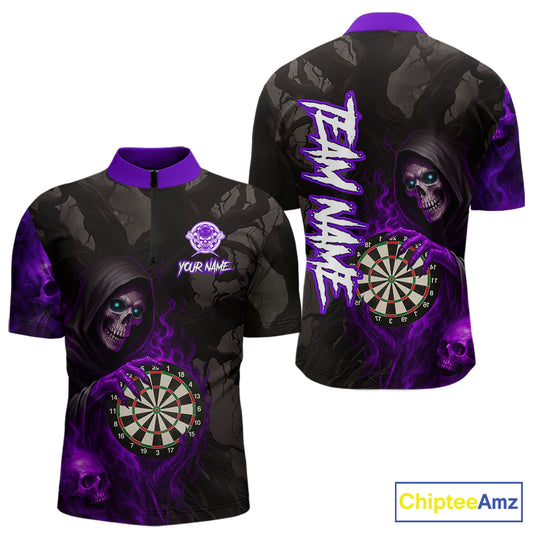 Purple Grim Reaper Flame Darts Shirt For Men Custom Skull Darts Jersey Team Polo & Quarter Zip TDM5530