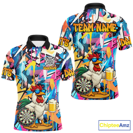 Funny Rooster Colorful Graffiti Darts Shirt For Men Custom Darts Team Jersey Polo & 1/4 Zip TDM6395