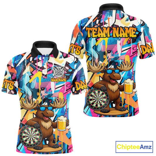 Funny Moose Colorful Graffiti Darts Shirt For Men Custom Darts Team Jersey Polo & 1/4 Zip TDM6397
