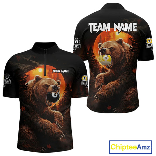 Personalized 8 Ball & 9 Ball Bear Billiard Shirt For Men Custom Pool Team Jersey Polo & 1/4 Zip TDM5549