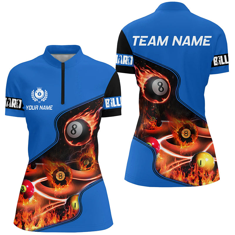 Personalized Master Billiard Balls Flame 3D Women Quarter-Zip Shirts, Blue Billiard Jerseys TDM0978