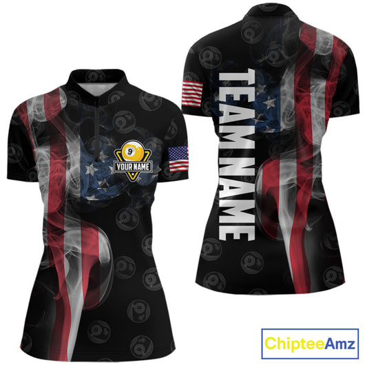 Personalized Vintage Smoke US Flag Billiard Shirts For Women, 9 Ball Pool Patriotic Billiard Jerseys TDM3633