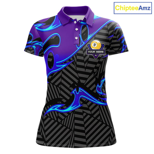 Personalized Blue Purple 9 Ball Pool Billiards Shirts For Women, Billiard Team Jersey Polo & 1/4 Zip TDM6403