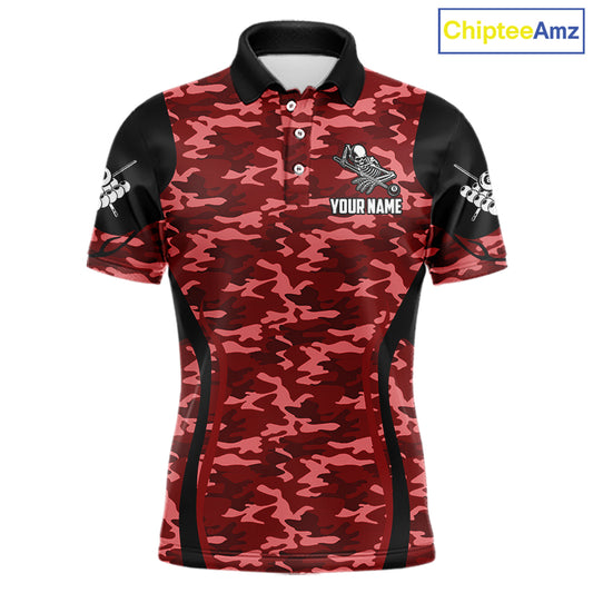 Personalized Red Camo Skull Billiard Shirt For Men, 8 Ball Billiard Team Jersey Polo & 1/4 Zip TDM6400