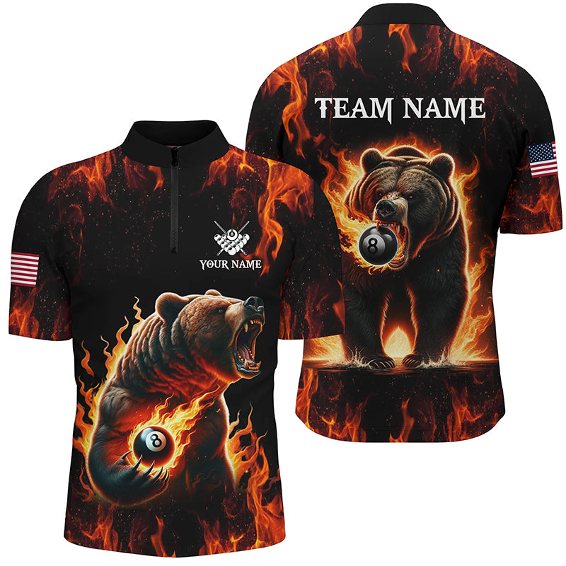 Custom Funny Bear & 8 Ball Pool Fire Flame Men Quarter-Zip Shirts, Billiard Team Jersey TDM1315