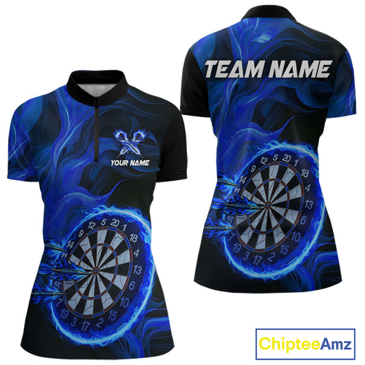Blue Flaming Dartboard Shirt For Women Custom Fire Darts Jersey Polo & Quarter Zip Team Uniform TDM4676