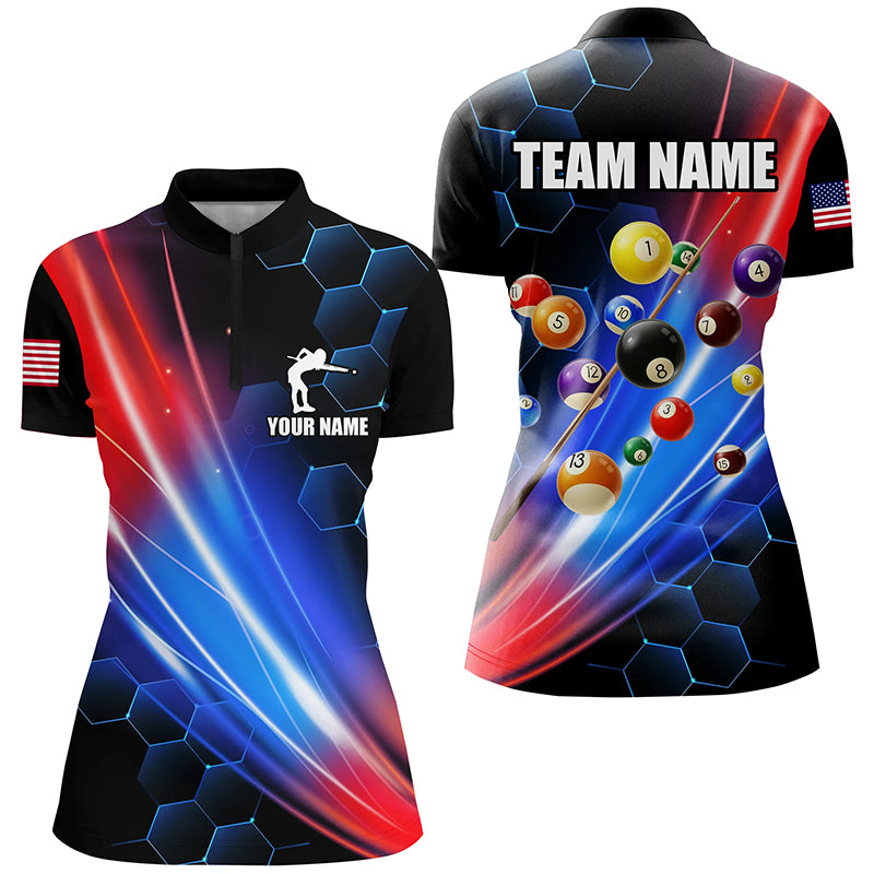 Glowing Red & Blue Custom Billiard Polo, 1/4 Zip Shirt For Women, Billiard Balls Team League Jerseys TDM2364