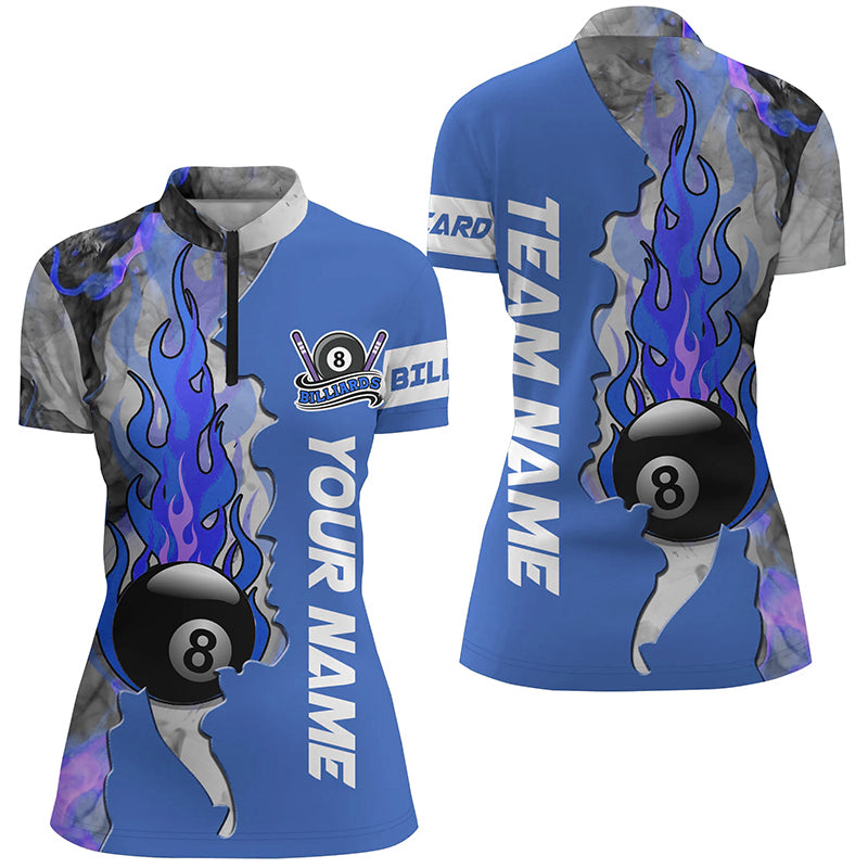 Customized 8 Ball Fire Smoke Blue Billiard Women Quarter-Zip Shirts Custom Billiard Attire TDM0441