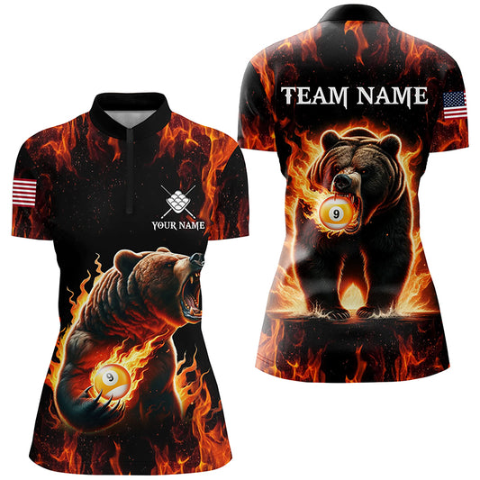 Custom Funny Bear & 9 Ball Pool Fire Flame Women Polo & Quarter-Zip Shirts, Billiard Team Jersey TDM1921