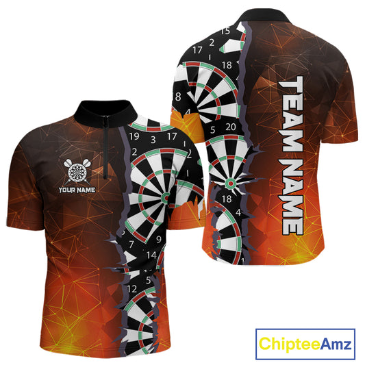Personalized Fiery Orange Dartboard Crack Darts Shirt For Men, Funny Darts Jersey Polo & 1/4 Zip TDM4449