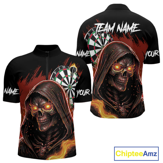 Personalized Red Grim Reaper Fire Dart Shirts For Men Custom Skull Dart Jersey Polo & 1/4 Zip TDM4891